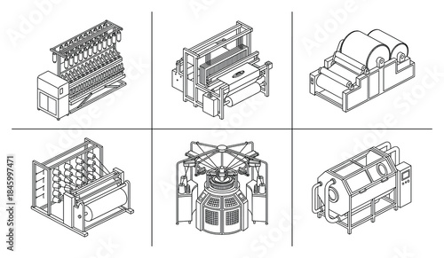 Isometric vector drawing: Textile industry machinery, production line equipment.