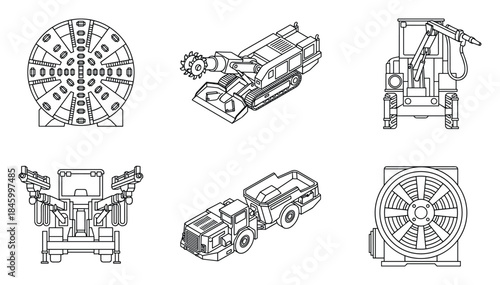 Technical Line Art: Collection of Detailed Tunneling and Mining Machinery
