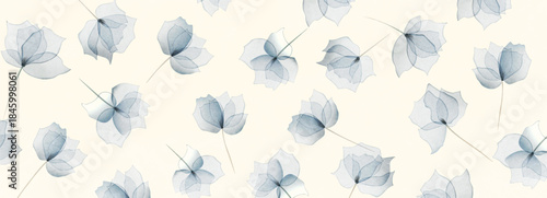 Abstract art background with a hand-drawn blue floral pattern in a watercolor style. A natural vector banner for decor, prints, wallpaper, textiles, posters, packaging, and interior design.