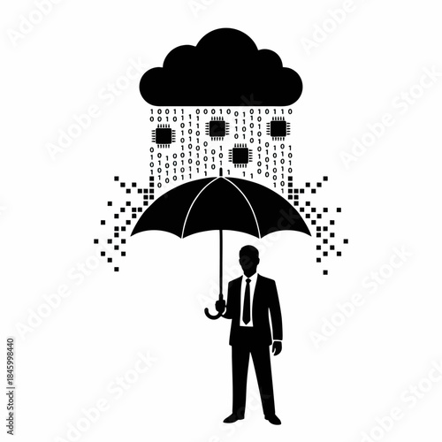 Cloud Security Silhouette Vector. Person with Umbrella Protecting from Data Rain Illustration Isolated on White Background