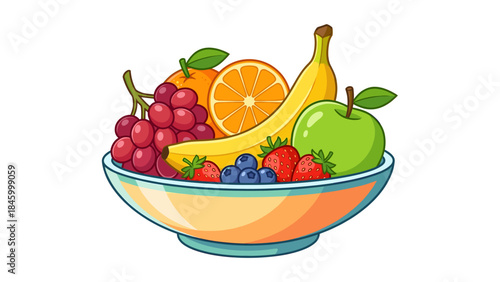 Colorful Cartoon Fruit Bowl Illustration with Assorted Fresh Healthy Fruits Isolated on White Background
