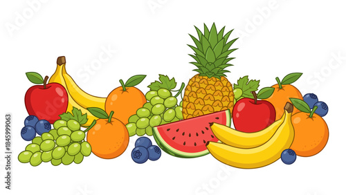 Vibrant Cartoon Fruit Collection Illustration with Bananas, Apples, Oranges, Grapes, Pineapple, Watermelon, and Blueberries; Fresh Healthy Food Des...