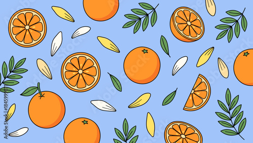 Seamless Citrus Pattern: Hand-Drawn Oranges, Leaves, and Petals on a Sky Blue Background, Vibrant Fruit Illustration