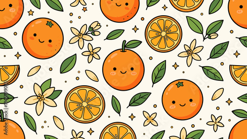 Vibrant Kawaii Orange Pattern: Seamless Design with Happy Fruits, Blossoms, and Leaves