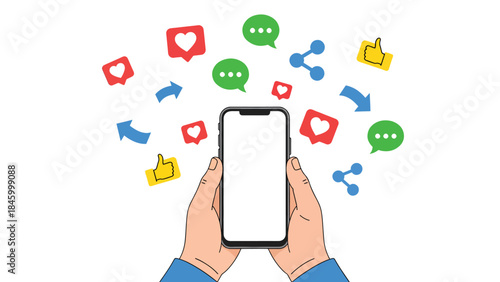 Connected World in Hand: A digital connection is formed, as a smartphone displays the latest communications. A user's hands hold the device, while vibrant icons representing likes, messages.