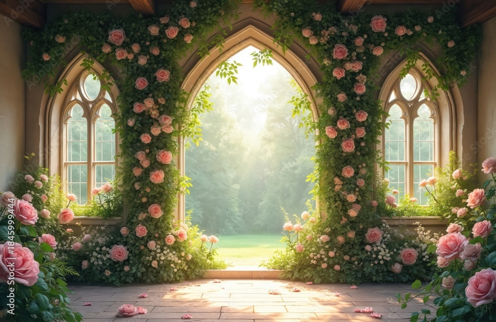 Fototapeta premium Beautiful arched opening framed by lush green vines and pink roses. Sunlight streams through gothic windows, illuminating a serene garden view. Stone floor scattered with fallen rose petals.