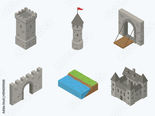 Isometric Castle Elements Collection.