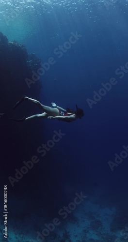 Freediver swims underwater in blue ocean. Woman freediving in near coral reef, vertical rocks