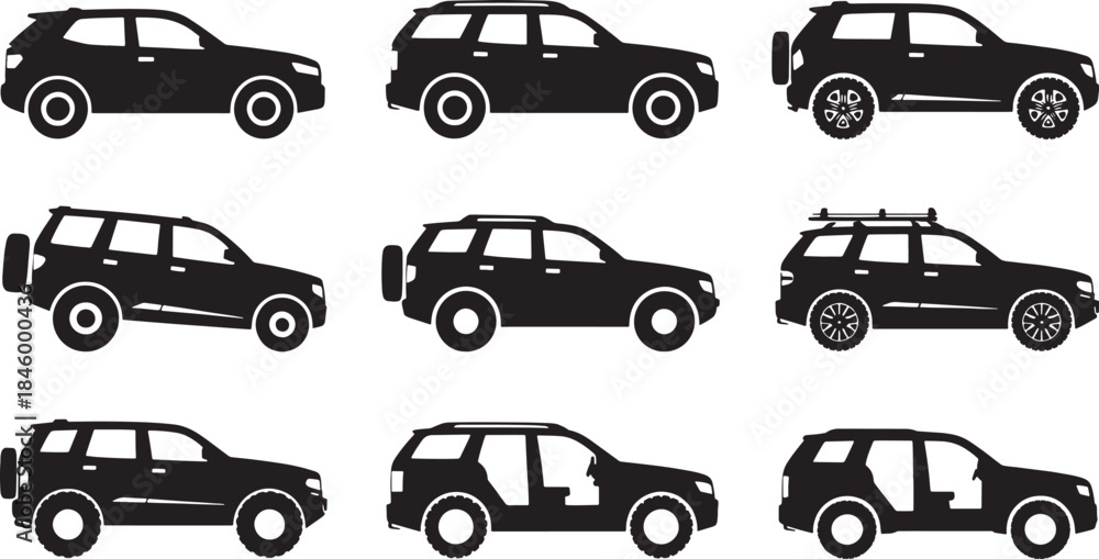 Fototapeta premium Nine black vector silhouette S U V cars with different features and designs vehicle