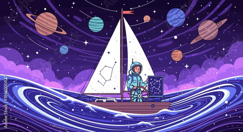 Astronaut Sailing Boat in Cosmic Space.