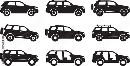 Nine black vector silhouette S U V cars with different features and designs vehicle