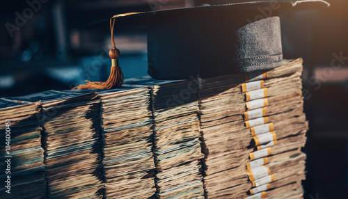 Graduation cap resting on a tall stack of bundled banknotes, symbolizing the high cost of education or student loan debt.