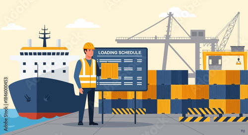 Dockworker Standing Near Shipping Container Display.