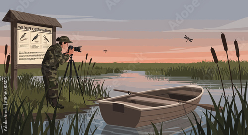 Hunter with camouflage clothing and binoculars.