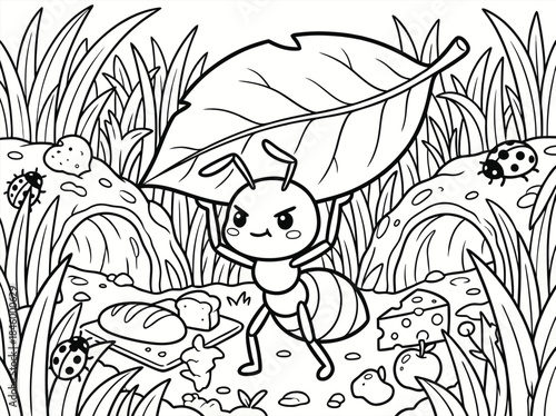 Cute Ant Carrying a Large Leaf in a Garden Scene.