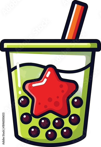 Cute Cartoon Bubble Tea Drink with Star and Boba Pearls.