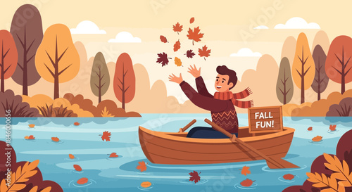 Man Enjoying Autumn Leaves in Boat.