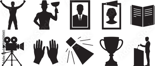 Collection of nine black silhouette icons representing achievement and recognition white background