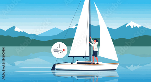 Sailor Adjusting Sail on White Sailboat.