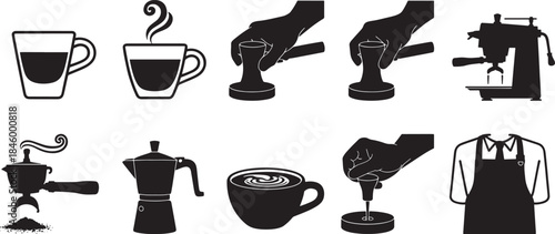 Collection of nine black vector coffee making and serving icons espresso steam