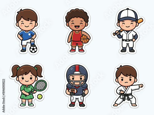 Cute Cartoon Children Playing Various Sports.