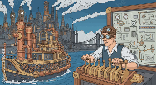 Steampunk Inventor Working on Machinery.