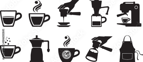 Collection of nine black vector icons representing coffee making and serving coffee cup espresso cup