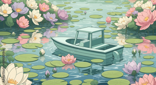 Small Green Boat on Water Lilies Pond.