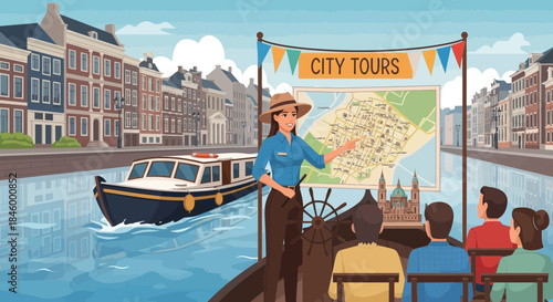 Tour Guide Standing on Boat with Passengers.