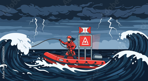 Surfer Riding Wave in Stormy Weather.