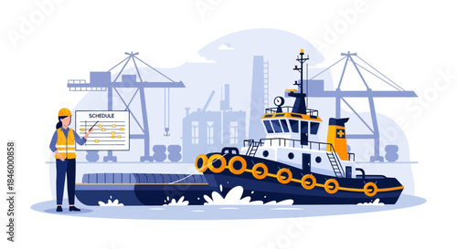 Tugboat with Worker Holding Digital Tablet.