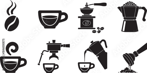 Collection of nine minimalist black coffee related icons and symbols bean steam