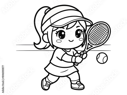 Cute cartoon girl playing tennis, coloring page.