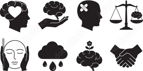 Collection of 9 black and white icons representing mental health concepts brain head silhouette