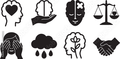 Collection of 9 black vector icons representing emotions and concepts black and white