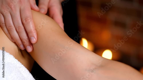 Wallpaper Mural Close up of a masseuse's hands gently massaging a client's forearm against a dark, warm background with blurred glowing candles Torontodigital.ca