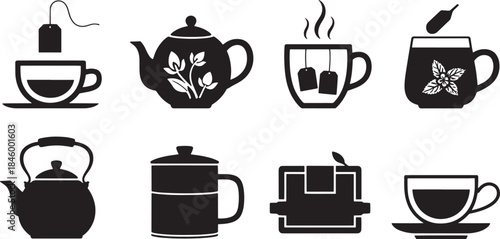 Collection of minimalist black vector icons representing tea and coffee preparation and serving teapot