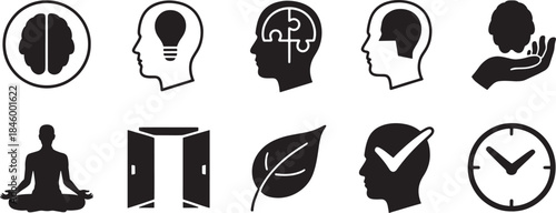 Collection of nine black and white minimalist icons representing mind and thought concepts brain head