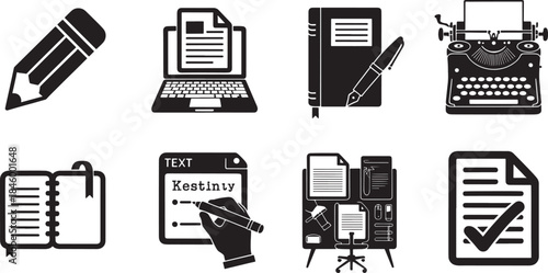 Collection of nine black and white vector icons representing writing and office tools