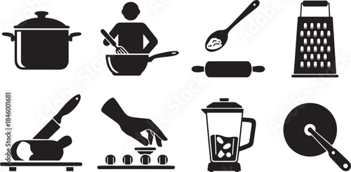 Collection of nine black kitchen utensil and cooking icons on white background vector