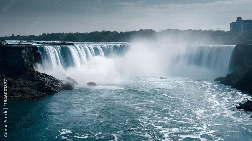 Obraz premium Massive curtain of cascading water plunges into a churning river below a cloudy sky