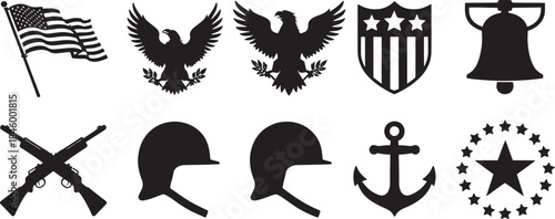 Collection of nine black patriotic silhouette icons including flag eagles shield bell guns helmets