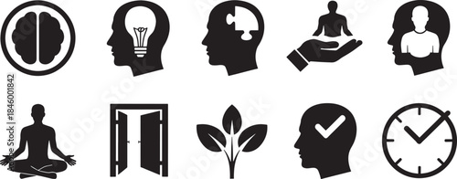 Collection of nine black silhouette icons representing concepts of mind and well being white background