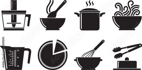 Collection of nine black vector cooking and kitchen icons on white background food