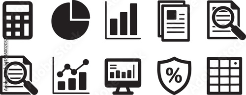 Collection of nine black vector icons representing business and finance concepts calculator pie chart