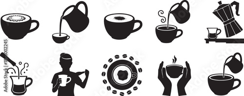 Collection of nine minimalist black vector coffee related icons and illustrations pouring steam