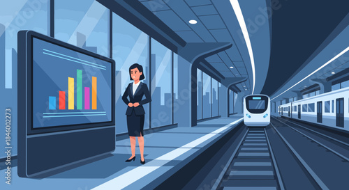 Businesswoman Standing Near Train Platform Display.
