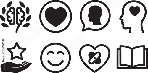 Collection of nine minimalist black vector icons representing concepts like learning and emotion brain