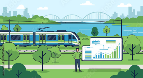 Man Standing Near Train with Graph Display.