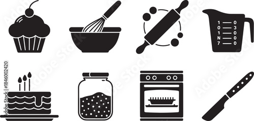Black silhouette collection of baking and cooking utensils and food items kitchen